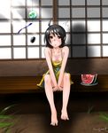  absurdres ahoge barefoot between_legs between_thighs black_hair copyright_request dress feet food fruit hand_between_legs highres legs light_rays okenokoneko short_hair sitting solo sunbeam sunlight sweat toes v_arms veranda watermelon wind_chime yellow_eyes 