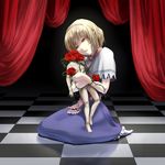  alice_margatroid bad_id bad_pixiv_id blonde_hair capelet checkered chirigami-san curtains doll empty_eyes flower hairband headless hug no_shoes rose short_hair sitting solo thorns touhou wariza yellow_eyes 