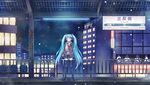  blue_hair boots cityscape familymart green_eyes hand_on_own_chest hatsune_miku highres jacket long_hair night night_sky open_mouth remuko scarf skirt sky solo thigh_boots thighhighs train_station twintails very_long_hair vocaloid 