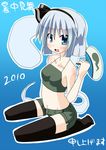  2010 bad_id bad_pixiv_id bare_shoulders black_hairband black_legwear blue_background blue_eyes bob_cut crop_top fan ghost hairband hujikok konpaku_youmu konpaku_youmu_(ghost) midriff navel open_mouth paper_fan shochuumimai shorts silver_hair sitting solo thighhighs touhou uchiwa wariza 