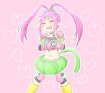  1girl armor blush boots chelsea_torn choker elbow_gloves eyes_closed flat_chest gloves hair_ornament heart long_hair midriff navel open_mouth pink_background pink_hair skirt tales_of_(series) tales_of_destiny twintails 