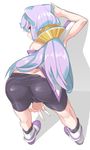  ass bike_shorts commentary_request hacka_doll hacka_doll_3 hair_ornament highres long_hair looking_at_viewer looking_back male_focus muchi_maro otoko_no_ko pants_pull presenting purple_eyes purple_hair shadow shoes simple_background testicles_under_clothes v white_background 