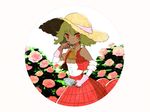  ascot dirty_face flower gloves green_hair hat kazami_yuuka plaid plaid_skirt plaid_vest red_eyes rose rt short_hair skirt skirt_set sleeves_rolled_up solo sun_hat suzuko_(ponpokoponpon88) touhou trowel vest 