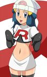  1girl :p blush cosplay hikari_(pokemon) midriff pokemon pokemon_(anime) solo stomach team_rocket team_rocket_(cosplay) 