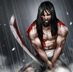  abs aosk26 beard black_hair blood bloody_weapon cuts facial_hair fighting_stance hair_down injury katana long_hair male_focus manly muscle older pants rain realistic samurai_jack samurai_jack_(character) sarashi serious shirtless solo sword torn_clothes torn_pants weapon 