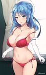  bad_anatomy blue_eyes blue_hair bra breasts cleavage collarbone double_bun elbow_gloves gloves hat indoors kantai_collection large_breasts long_hair looking_at_viewer panties red_bra red_panties sailor_hat side-tie_panties skindentation smile solo strap_slip takaharu twitter_username underwear urakaze_(kantai_collection) white_gloves white_hat window 