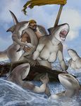  2017 anthro areola bandanna big_breasts breasts bull_shark cloud eyes_closed facial_hair female fin fish flag gills grey_nipples grey_skin group hattonslayden human human_on_anthro interspecies licking male male/female mammal marine mustache nipples nude open_mouth shark sharp_teeth sky teeth tongue tongue_out water wood yellow_sclera 