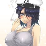  blush breasts cigarette commentary_request covered_nipples female_admiral_(kantai_collection) hair_over_one_eye hat huge_breasts kage_(kagetuki00) kantai_collection looking_at_viewer open_mouth original shiny shiny_clothes short_hair smoke smoking solo 