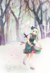  bow dress flower forest green_eyes hair_bow katana konpaku_youmu konpaku_youmu_(ghost) namie-kun nature petals skirt_basket snow snowing sword touhou tree wakizashi weapon white_hair 