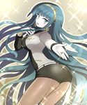  1girl blue_eyes blue_hair blush bracelet breasts cleopatra_(fate/grand_order) earrings fate/grand_order fate_(series) hairband jewelry necklace open_mouth pantyhose ring short_shorts shorts sparkle very_long_hair 