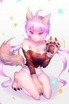 ahoge animal_ears bad_id bad_pixiv_id bare_shoulders blush breasts cleavage closed_mouth commentary_request fang full_body gloves highres long_hair medium_breasts navel no_pants panties paw_gloves paw_shoes paws purple_eyes seiza senki_zesshou_symphogear shiny shiny_hair shiny_skin shirt shoes sitting solo star striped striped_shirt tail torn_clothes torn_shirt twintails underwear very_long_hair white_panties wolf_ears wolf_tail yukine_chris zeolch 