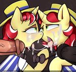  2017 anthro anthrofied blush brown_background clothed clothing crossgender cum cum_on_face disembodied_penis duo equine erection eye_contact female flam_(mlp) flim_(mlp) friendship_is_magic hair half-closed_eyes hat horn incest male mammal multicolored_hair my_little_pony neighday open_mouth penis sibling simple_background ssisters two_tone_hair unicorn 
