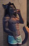  2017 abs anthro biceps black_hair boxers_(clothing) bulge caindra cat cigarette clothing ear_piercing fangs feline hair looking_at_viewer male mammal muscular muscular_male pecs piercing smoking solo tongue tongue_out underwear 
