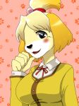  5_fingers animal_crossing anthro black_eyes black_nose blush breasts canid canine canis clothed clothing dog dress_shirt fangs female fur happy isabelle_(animal_crossing) jacket ktn999999999 looking_at_viewer mammal nintendo open_mouth ribbons shih_tzu shirt simple_background solo video_games white_fur yellow_fur 