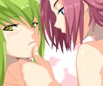  blue_eyes blush c.c. chin_grab code_geass green_hair kallen_stadtfeld long_hair looking_away multiple_girls purple_hair shin'ya_(shin'yanchi) short_hair smile yellow_eyes yuri 