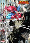  6+boys armored_spider-man battle black_hair brix_(marvel) building cityscape company_name copyright_name crossover daemos_(marvel) epic fangs highres marvel missile multiple_boys multiple_persona murata_yuusuke official_art silk smoke_trail spider-man spider-man_(series) spider-woman spider_web 