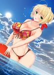  ahoge bare_shoulders beach bikini blonde_hair blue_sky blush breasts cleavage cloud collarbone day dutch_angle eyebrows_visible_through_hair fate/extra fate_(series) front-tie_top green_eyes large_breasts looking_at_viewer multicolored multicolored_bikini multicolored_clothes navel nero_claudius_(fate) nero_claudius_(fate)_(all) noeomi ocean outdoors shiny shiny_skin sky solo stomach swimsuit wading water 
