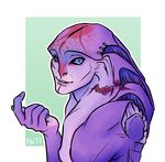  angara blue_eyes digital_media_(artwork) furgonomics furry-specific_piercing humanoid jaal_ama_darav khiroptera male mass_effect not_furry piercing purple_body scar simple_background smile solo video_games 