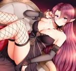  1girl alternate_costume azur_lane bangs bare_shoulders black_dress blue_eyes breasts chair choker cleavage collarbone cross_choker cup detached_sleeves dress duke_of_york_(azur_lane) dutch_angle earrings eyebrows_visible_through_hair fishnet_legwear fishnets gloves highres holding holding_cup jewelry large_breasts legs_up long_hair looking_at_viewer parted_lips pink_hair pointy_ears pouring shiny shiny_skin sidelocks sitting smile solo thighhighs tsurime wsman 