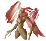  2014 3_fingers anthro arthropod breasts brown_body female hair luminoth metroid_prime neck_tuft red_background red_hair sharkrags simple_background solo tuft white_background wings yellow_eyes 
