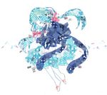  1girl aqua_hair barefoot butterfly eyes_closed female hair_bow hatsune_miku kurua low_twintails skirt solo very_long_hair vocaloid white_background 