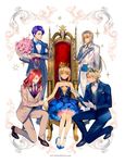  4boys airgetlam_(fate) artoria_pendragon_(all) bedivere bow chair closed_eyes dress fate/extra fate/grand_order fate/stay_night fate_(series) formal gawain_(fate/extra) gloves green_eyes hair_bow knights_of_the_round_table_(fate) lancelot_(fate/grand_order) long_hair looking_at_viewer multiple_boys ponytail purple_hair red_hair saber short_hair simple_background sitting smile suit tristan_(fate/grand_order) weed_(astarone) 