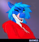  anthro clothing female fish hair hoodie laionss marine one_eye_closed shark solo teeth tongue wink 