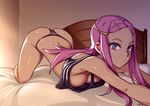  1girl all_fours anemone_(eureka_seven) arched_back ass bare_arms bare_back bare_legs bed bed_sheet bedroom bent_over blue_eyes breasts cleavage closed_mouth eureka_seven_(series) full_body hair_ornament hairclip indoors long_hair looking_at_viewer medium_breasts navel no_bra on_bed pink_hair pout solo tank_top thong typo_(requiemdusk) 
