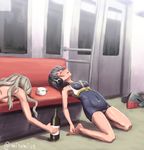  arched_back asymmetrical_hair barefoot black_hair bottle chair closed_eyes covered_navel drunk framed_breasts grey_hair hair_between_eyes hat hat_removed headphones headwear_removed i-14_(kantai_collection) kantai_collection kneeling long_hair lying misumi_(niku-kyu) multiple_girls on_stomach open_mouth photo-referenced pola_(kantai_collection) sailor_collar school_swimsuit short_hair sleeping swimsuit train_interior twitter_username wavy_hair wine_bottle 
