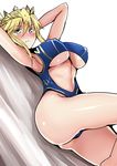  adapted_costume armpits arms_up artoria_pendragon_(all) artoria_pendragon_(lancer) bangs blonde_hair blush breasts closed_mouth commentary_request covered_nipples crown fate/grand_order fate_(series) from_side fur_trim graphite_(medium) green_eyes hair_between_eyes highleg koujun_(mugenzero) large_breasts long_hair looking_at_viewer looking_to_the_side lying midriff navel nib_pen_(medium) nose_blush on_back one-piece_swimsuit sidelocks solo swept_bangs swimsuit thighs traditional_media underboob 