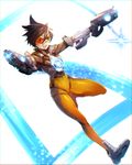  blue_background bodysuit brown_hair commentary_request dual_wielding elbow_gloves gloves glowing goggles gun hair_between_eyes handgun harness holding holding_gun holding_weapon knee_up long_sleeves looking_at_viewer navel open_mouth overwatch pistol shoes short_hair skindentation smile solo sparkle tight tomoyohi tracer_(overwatch) translation_request unitard weapon white_background 