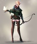  armor arrow belt belt_pouch blonde_hair boots bow_(weapon) breasts brown_footwear brown_gloves brown_legwear bug butterfly canister cape capelet commentary cross-laced_footwear dress elf eyelashes fang fingerless_gloves full_body garter_straps gloves green_cape green_dress high_heel_boots high_heels holding holding_bow_(weapon) holding_weapon insect kyung_han_kim lace-up_boots legs_apart lips long_sleeves medium_breasts microdress nose original parted_lips pink_lips pointy_ears pouch puffy_long_sleeves puffy_sleeves quiver red_scarf revision scarf sheath sheathed short_hair sidelocks single_pauldron slit_pupils smile solo standing sword teeth thigh_boots thighhighs vambraces weapon zettai_ryouiki 