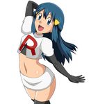  1girl blush cosplay hikari_(pokemon) midriff pokemon pokemon_(anime) skirt smile solo stomach team_rocket team_rocket_(cosplay) thighhighs 