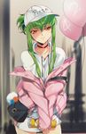  :3 bag balloon c.c. choker closed_mouth clothes_writing code_geass creayus eyebrows_visible_through_hair green_hair handbag hat holding holding_balloon hood hoodie jacket long_hair looking_at_viewer off_shoulder shoulder_bag skirt sleeves_past_wrists smile solo standing yellow_eyes 