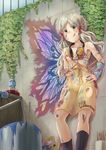  ;q arigato_(rmskrtkdlqj) art_brush blurry bottle bow bra breasts butterfly_wings commentary_request depth_of_field green_eyes grey_hair hair_bow handa_roko highres idolmaster idolmaster_million_live! long_hair one_eye_closed paint paint_can paintbrush painting small_breasts smile solo tongue tongue_out underwear v water_bottle wings 