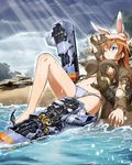  animal_ears beach breasts bunny_ears bunny_tail charlotte_e_yeager cloud cloudy_sky damaged day grey_panties large_breasts long_hair ocean official_art one_eye_closed orange_hair outdoors panties rock sky solo strike_witches striker_unit sunlight tail torn_clothes torn_panties underwear wet world_witches_series 