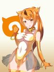  animal_ears bracelet circlet cowboy_shot elbow_gloves fujikusa gloves golden_snub-nosed_monkey_(kemono_friends) high_ponytail highleg highleg_leotard highres japari_symbol jewelry kemono_friends leotard long_hair looking_at_viewer monkey_ears monkey_tail multicolored_hair open_mouth orange_gloves orange_hair ponytail red_eyes skirt solo standing tail thighhighs yellow_leotard 