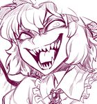  bat_wings brooch evil_grin evil_smile fangs grin hat jewelry mob_cap monochrome open_mouth puffy_short_sleeves puffy_sleeves remilia_scarlet sharp_teeth short_hair short_sleeves smile solo space_jin teeth tongue touhou vampire wings 