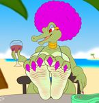  2017 3_toes alcohol alligator beach beverage big_breasts blue_claws breasts chair choker claws clothing cloud crocodilian donkey_kong_(series) feet female flip_flops foot_fetish foot_focus footwear glass green_skin hair kalypso nintendo purple_hair red_eyes reptile sand sandals scalie seaside sitting sky soles solo swimsuit toes video_games wine wrinkles zp92 