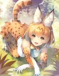  animal_ears blush breasts commentary_request deecha elbow_gloves eyebrows_visible_through_hair gloves highres kemono_friends large_breasts looking_at_viewer open_mouth orange_eyes orange_gloves orange_hair serval_(kemono_friends) serval_ears serval_print serval_tail short_hair smile solo tail 