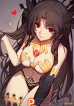  2017 armlet armor artist_name bangs bare_shoulders bikini_armor black_bow black_legwear blurry bow breasts brown_hair cleavage closed_mouth collarbone cowboy_shot depth_of_field detached_collar earrings fate/grand_order fate_(series) glint grey_background hair_bow heart holding holding_hair hoop_earrings invisible_chair ishtar_(fate/grand_order) jewelry large_breasts long_hair looking_at_viewer navel parted_bangs patreon_logo patreon_username red_eyes simple_background single_thighhigh sitting smile solo songjikyo stomach strapless strapless_bikini thigh_gap thighhighs two_side_up very_long_hair watermark 
