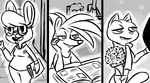  2017 anthro arm_support book bouquet buckteeth claws clothed clothing cute_fangs disney eyewear fan_character female flower glasses greyscale group hugh_muskroura inkyfrog lagomorph leaning_on_elbow male mammal maxine_d&#039;lapin monochrome mustelid percy_vison plant polecat rabbit skunk smile teeth zootopia 