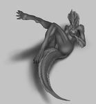  anthro big_breasts breasts claws dilophosaurus dinosaur feathers feet female grey_background licking looking_at_viewer monochrome nipples nude oral phinja presenting presenting_pussy pussy reptile scalie simple_background sketch smile soles solo theropod toes tongue tongue_out 