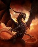  bahamut_(shingeki_no_bahamut) claws cloud cygames dragon dragon_wings horns no_humans official_art red_sky scales shadowverse shingeki_no_bahamut sky spines teeth wings 
