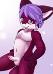  4_fingers anthro armpits balls canine cub cute_fangs erection fox fur hair humanoid_penis looking_at_viewer male mammal navel open_mouth partially_retreated_foreskin penis purple_fur purple_hair sagemerric solo standing white_fur young 