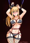  1girl blonde_hair blush bondage bra brown_eyes claudia_dragneel crying fairy_tail large_breasts lucy_heartfilia navel panties ponytail shadow simple_background 