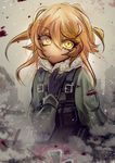  bad_id bad_pixiv_id black_gloves blonde_hair gloves hair_between_eyes hand_on_own_chest highres keiseki1 looking_at_viewer military military_uniform short_hair solo tanya_degurechaff uniform yellow_eyes youjo_senki 