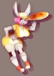  anthro big_breasts blue_eyes breasts buckteeth clothing cute food footwear frannie_funbun fur grey_fur hand_on_hip hat lagomorph long_ears mammal pink_fur pizza rabbit shoes solo standing teeth tingtongten 