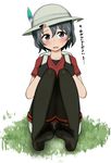  backpack bag black_hair feathers feet gloves hat hat_feather helmet highres kaban_(kemono_friends) kemono_friends no_shoes pantyhose pith_helmet satou_(su9arsatou) shirt short_hair shorts sitting soles solo source_quote_parody translated 