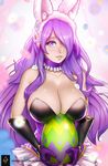  alternate_costume animal_ears black_gloves breast_rest breasts bunny_ears camilla_(fire_emblem_if) choker cleavage easter easter_egg egg erica_june_lahaie fake_animal_ears fire_emblem fire_emblem_heroes fire_emblem_if flower frilled_choker frills gloves hair_over_one_eye highres holding huge_breasts lips long_hair parted_lips purple_eyes purple_hair shiny shiny_clothes shiny_skin skindentation smile solo upper_body 